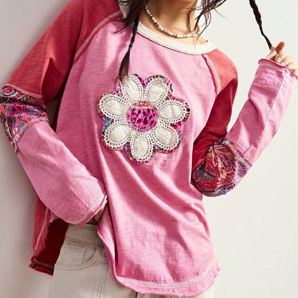 Multicolor Boho Casual Women's Long Sleeve Patchwork Graphic long sleeve T-Shirt - Picture 6 of 7